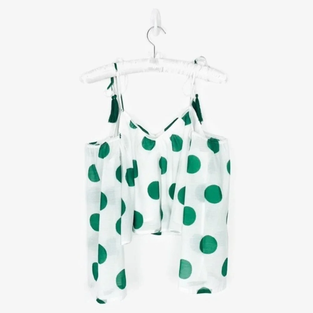Line & Dot Green Polka‎ Dot Top Size XS White Green Cold Shoulder Flowy Summer